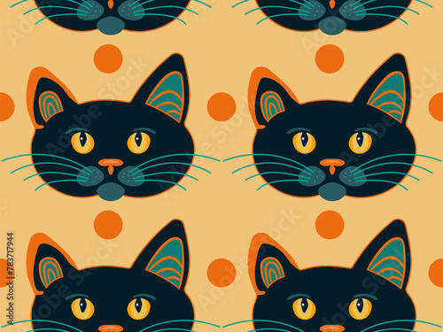 Seamless pattern vector image in flat cartoon style, black cat face on orande background