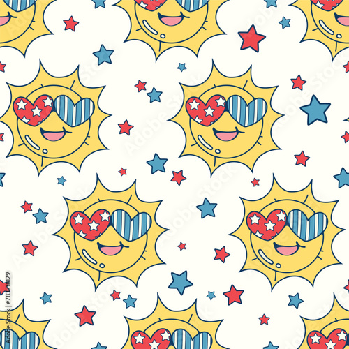 Seamless pattern of smiling sun wearing sunglasses, This illustration has an American Independence Day theme. Pattern for fabric and wrapping paper, design wallpaper and fashion prints.
