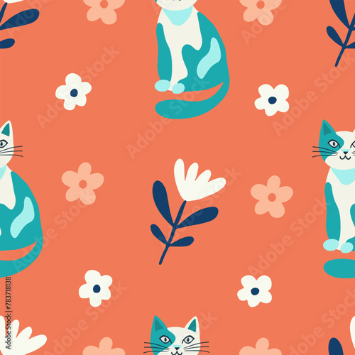 Seamless pattern vector image in flat cartoon style, cat and flowers on orange background