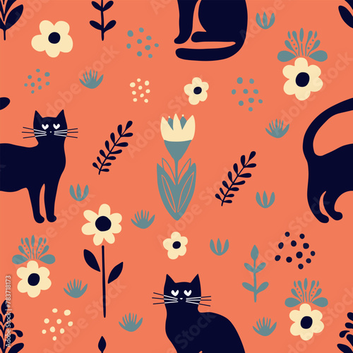 Seamless pattern vector image in flat cartoon style, black cat and flowers on orange background