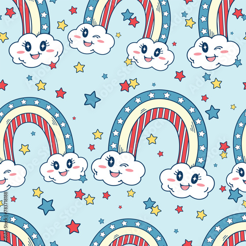 Seamless pattern of a rainbow with stars, stripes and clouds. This illustration has an American Independence Day theme. Pattern for fabric and wrapping paper, design wallpaper and fashion prints.