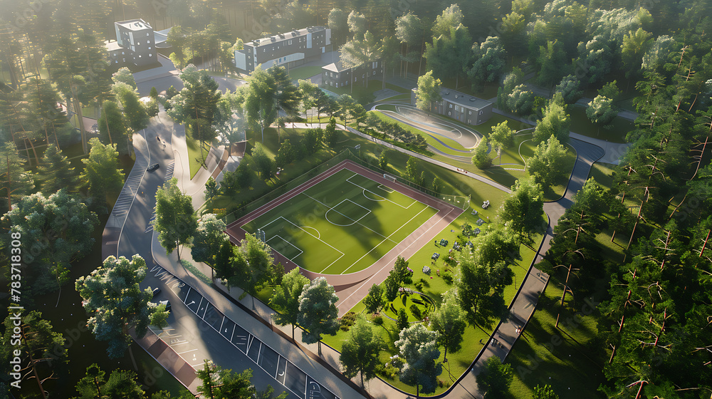 Aerial view of the city park with soccer field and trees.