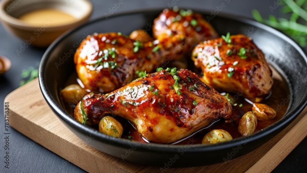 Deliciously grilled chicken with herbs and sauce ready to be savored Deliciously grilled chicken with herbs and sauce ready to be savored