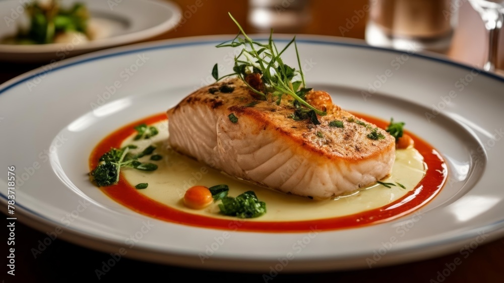 Deliciously grilled fish with a vibrant sauce ready to be savored Deliciously grilled fish with a vibrant sauce ready to be savored