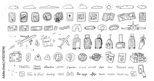 Big set of  travel theme in doodle style. Suitcase, baggage, plane, fly, ticket, postcard, flight, boarding pass, clouds, view from the window, postage stamp, passport stamp, passport. Hand drawn