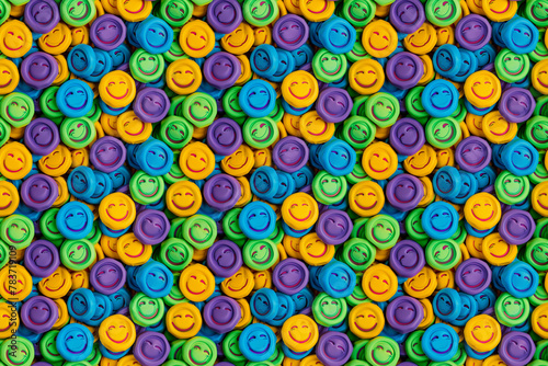 Pattern. Multi-colored, colorful, rich tones seamless pattern of smiling cartoon faces. Joyful, happy emotions.