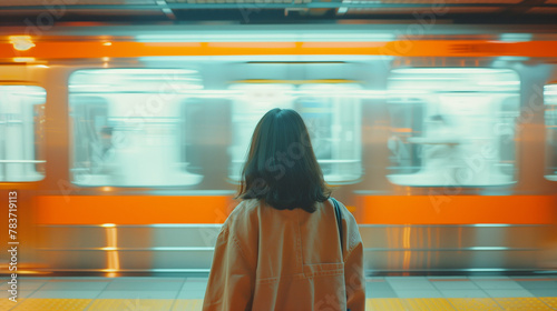 A girl stands on the subway platform, facing away from camera, waiting for her train to take off. The background is blurred with orange and blue tones. In front of it there's an empty space between 