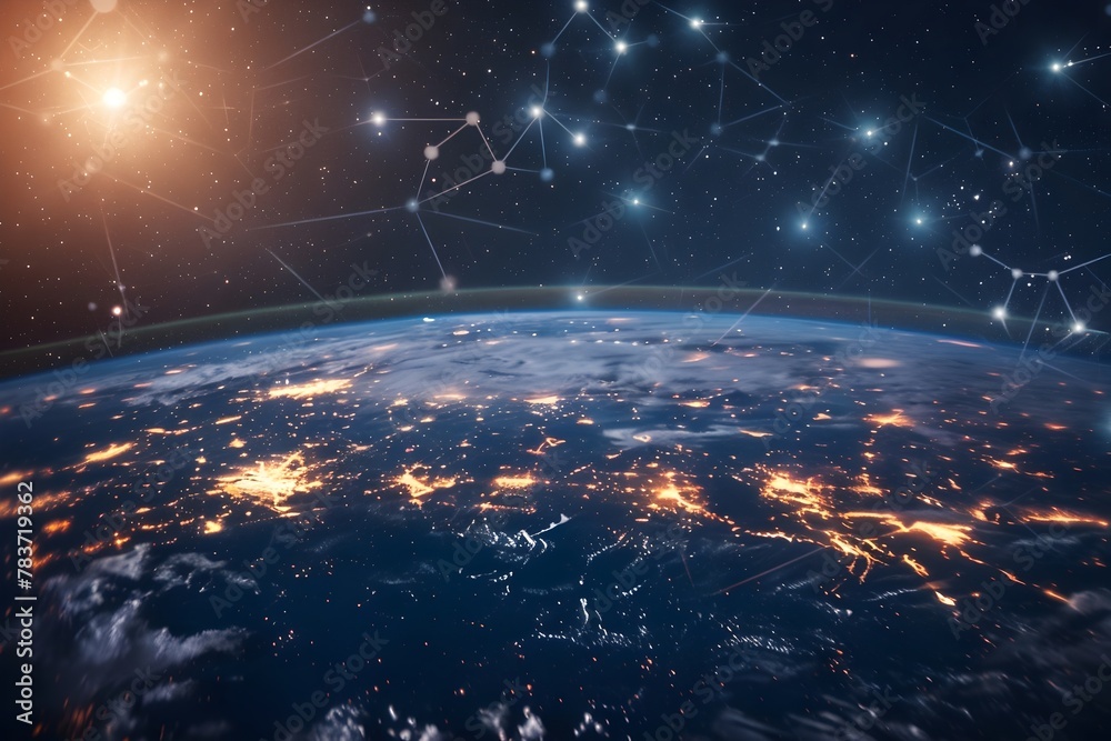 A close up of the Earth with a bright sun in the background. The stars are scattered across the sky, creating a sense of wonder and awe. The image conveys the vastness and beauty of the universe A close up of the Earth with a bright sun in the background. The stars are scattered across the sky, creating a sense of wonder and awe. The image conveys the vastness and beauty of the universe