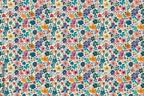 Dense floral pattern with a variety of colorful flowers on cream background