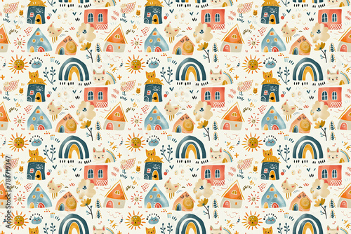 Playful kids and houses pattern with whimsical elements on a cream backdrop. Elements: little kitten, plants, blooming flowers