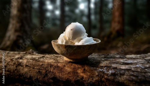 An adventurous setting of a bowl of ice cream, resting on a rustic log in a forest photo