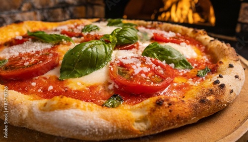 Artisanal Wood-Fired Pizza - Close-up of a gourmet pizza with melting cheese, fresh basil,