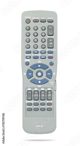 Grey TV and VCR remote control, isolated on a transparent background png. Front view.