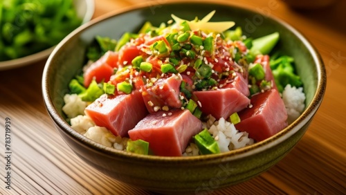  Deliciously fresh sashimi on a bed of rice garnished with vibrant greens