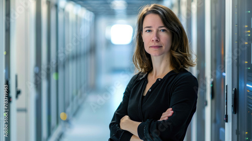 Free Download portrait of smiling middle-aged business woman with long brown hair working in the background of a bright and large server data center in charge as CTO company - GFXLoad