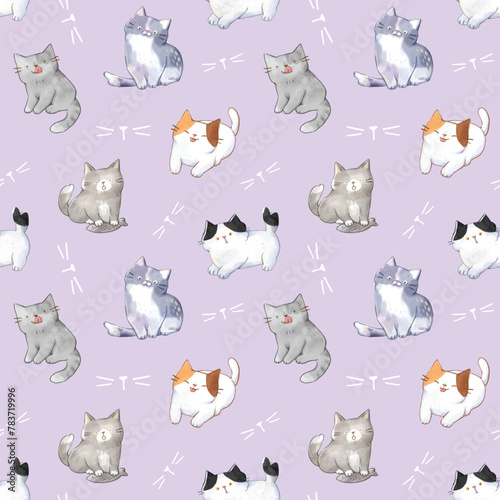 Seamless Pattern of Cartoon Cat Design on Light Violet Background