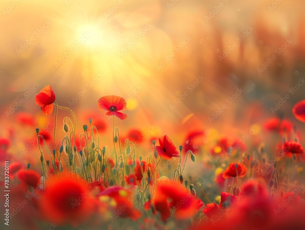 Obraz premium field of poppies at sunrise, beautiful summer landscape with red flowers in meadow