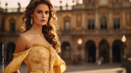 Beautiful young Spanish woman posing in front of a Spanish palace
