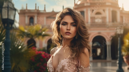 Beautiful young Spanish woman posing in front of a Spanish palace photo
