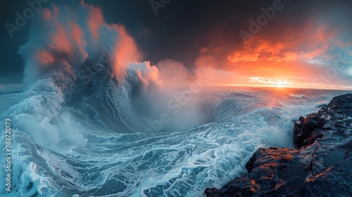 An enchanting image of Icelandic geysers erupting against a twilight sky, capturing the magic of nature photo