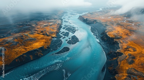 A breathtaking aerial view of Icelandic landscapes, with impeccable image quality and flawless skin tones against a backdrop of natural wonders.