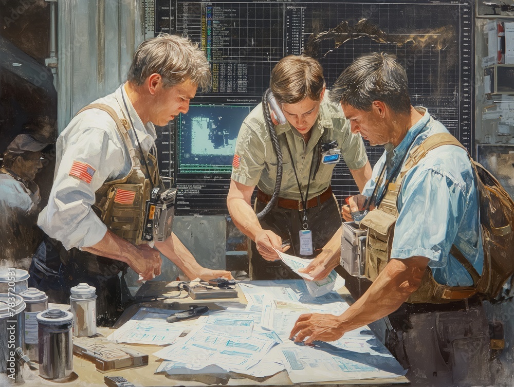 Three men are working on a project, with one of them holding a phone. Scene is focused and serious, as the men are working together to solve a problem Three men are working on a project, with one of them holding a phone. Scene is focused and serious, as the men are working together to solve a problem
