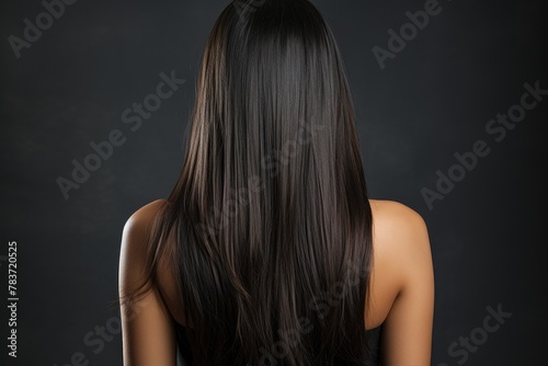 A woman with long black hair is standing in front of a dark background.