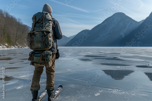 Man With Backpack and Skis Standing on Frozen Lake