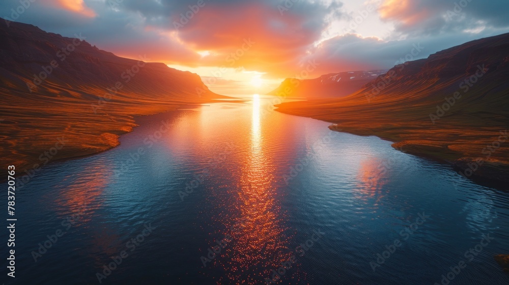 A serene shot of Icelandic fjords bathed in golden sunlight - obrazy, fototapety, plakaty 