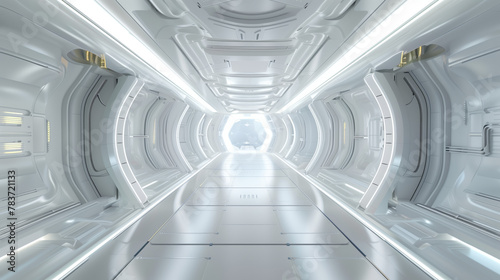 An empty and illuminated white futuristic corridor leading towards a bright glowing end point