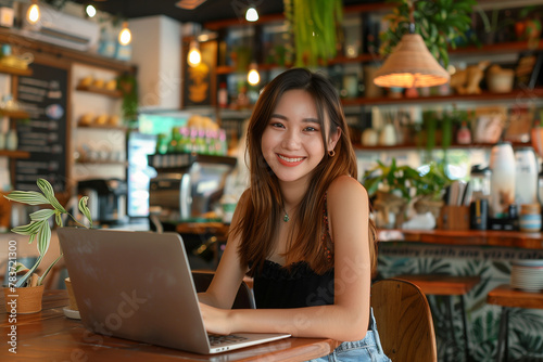 Happy young Asian woman working with laptop in coffee shop. Work from anywhere, lifestyle concept