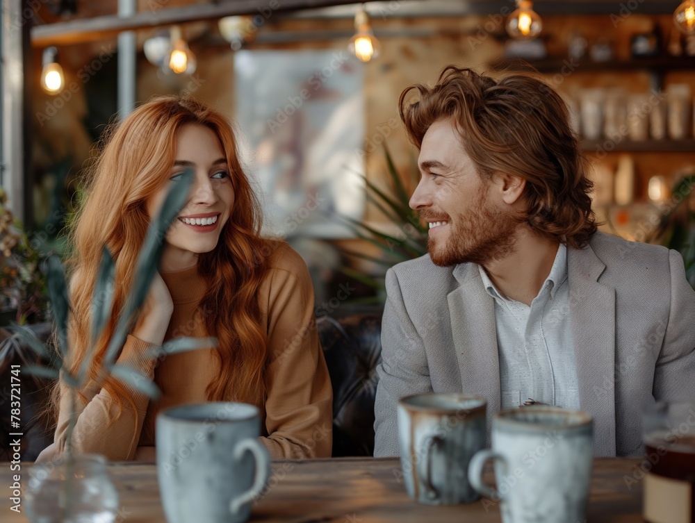 A man and a woman are sitting at a table in a cafe, smiling at each other. There are two cups on the table, one on the left and one on the right. The woman has red hair and the man has a beard