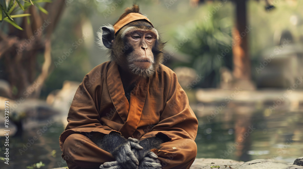 A contemplative monkey in a monks robe sitting