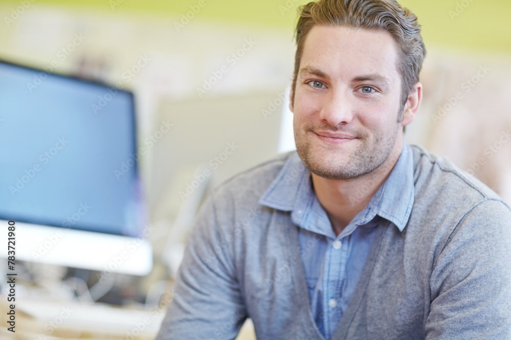 Portrait, creative and businessman in office professional with computer, desktop and career in Germany. Workplace, designer and employee with laptop for startup project, job and entrepreneur person Portrait, creative and businessman in office professional with computer, desktop and career in Germany. Workplace, designer and employee with laptop for startup project, job and entrepreneur person