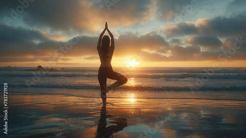 A serene image of a silhouette young woman with black hair doing yoga on a Ocean beach during sunset, promoting peace and mindfulness.