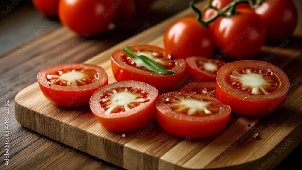 Freshly sliced tomatoes ready to be savored Freshly sliced tomatoes ready to be savored