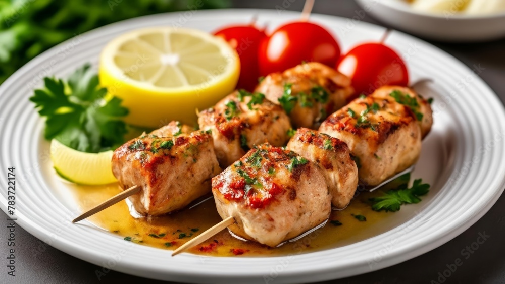 Delicious skewers of grilled chicken with lemon and herbs ready to be savored Delicious skewers of grilled chicken with lemon and herbs ready to be savored