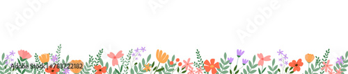 Horizontal white banner or background with beautiful colorful flowers and leaves. Spring botanical flat vector illustration on white background for wallpapers, banners, flyers, invitations, posters	