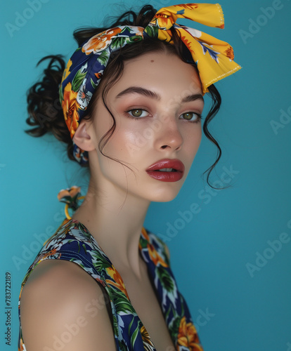 portrait of a beautiful girl with bright make-up and multicolored headscarf