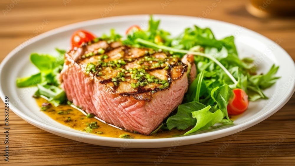 Deliciously grilled steak with fresh greens Deliciously grilled steak with fresh greens