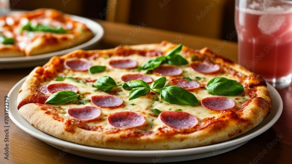 Deliciously cheesy pepperoni pizza ready to be savored Deliciously cheesy pepperoni pizza ready to be savored