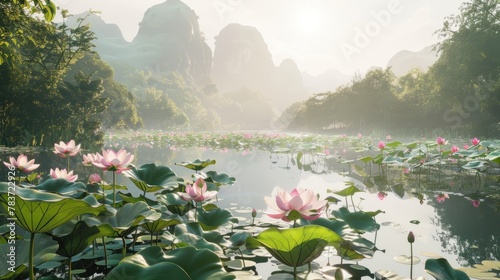 Blooming Lotus flower with Green background.AI generated image photo