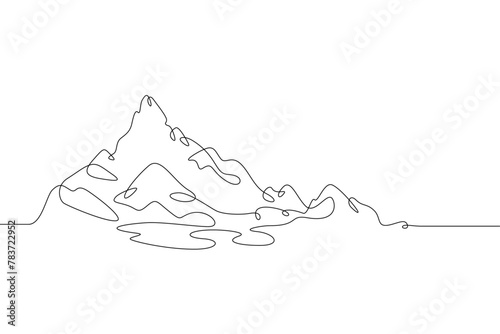 One continuous line. Landscape of mountain range and high mountain. Web banner and design background. Mountain peak. Landscape for tourism and winter sports. One continuous line drawing. Line Art isol