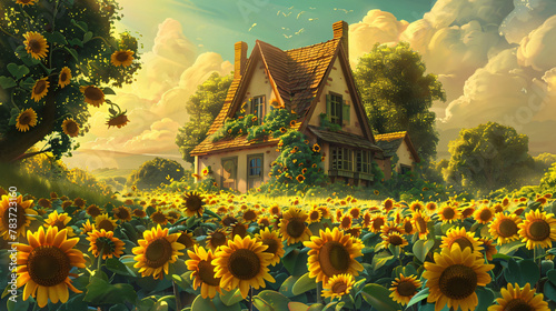 A cozy cottage scene surrounded by fields of sunflowe