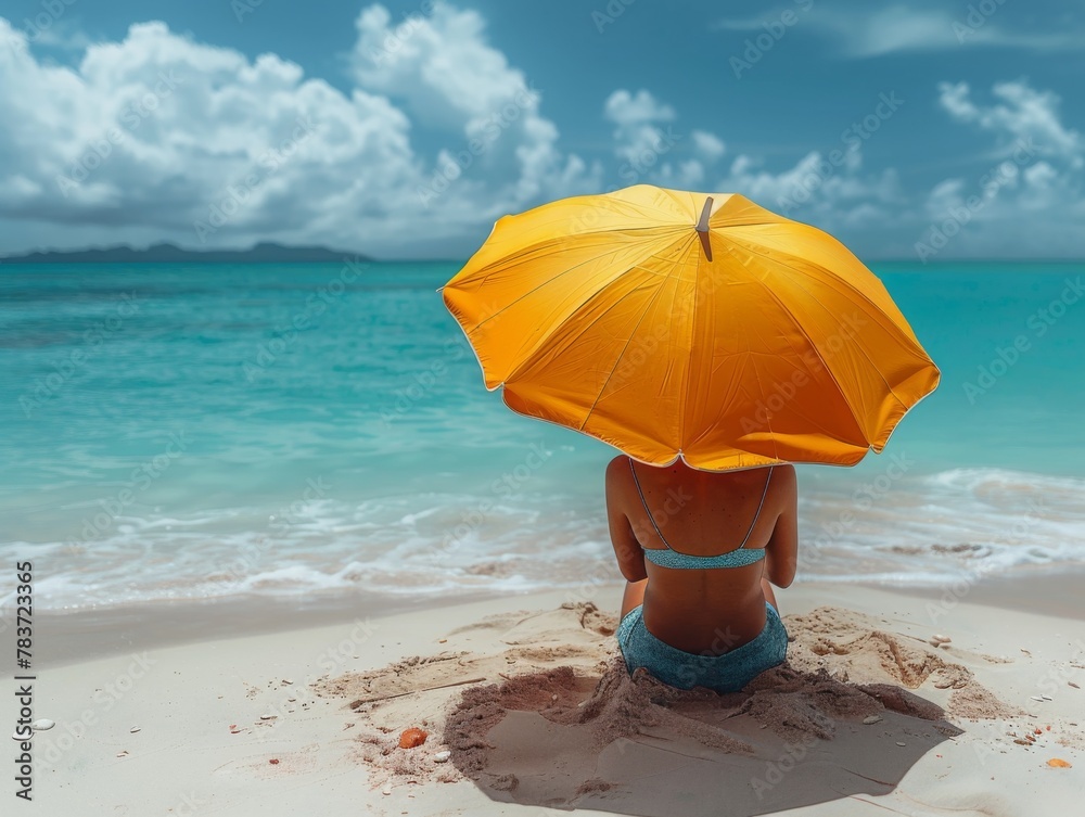 A beach umbrella stuck in the sand, under which a person sits in sunglasses and reads a book.