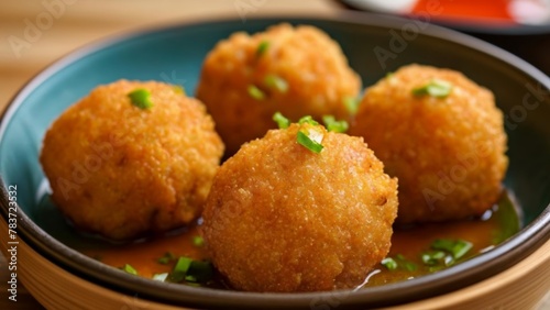  Delicious golden fried balls with a hint of green garnish