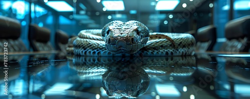 Snakes as corporate negotiators, coiled around a glass table during intense discussions, sleek modern office photo