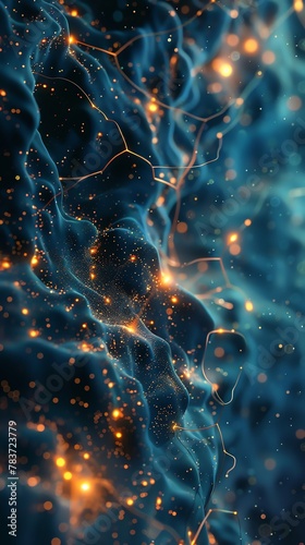 Visualization of AI neural networks, complex web of nodes, pulsating lights, deep space backdrop