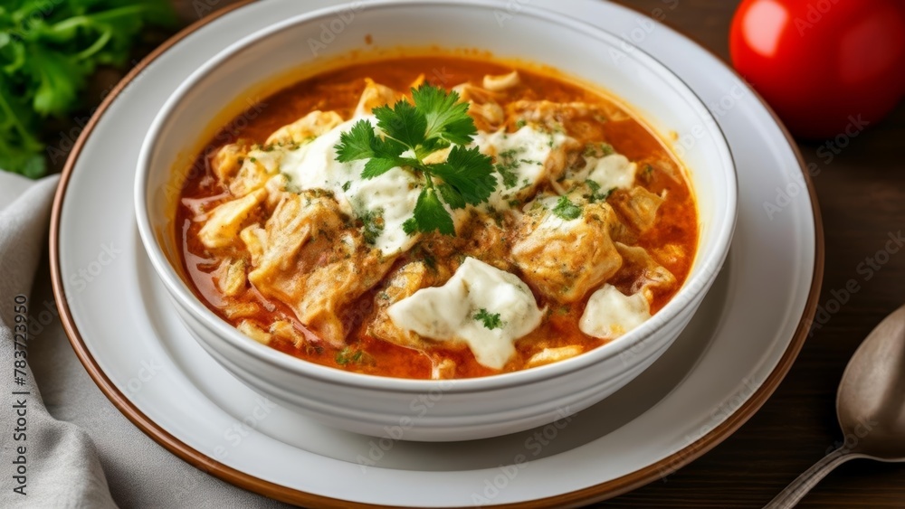 Delicious bowl of soup with herbs and cheese ready to be savored Delicious bowl of soup with herbs and cheese ready to be savored
