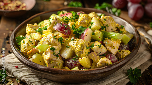 A curried chicken salad with diced chicken grapes